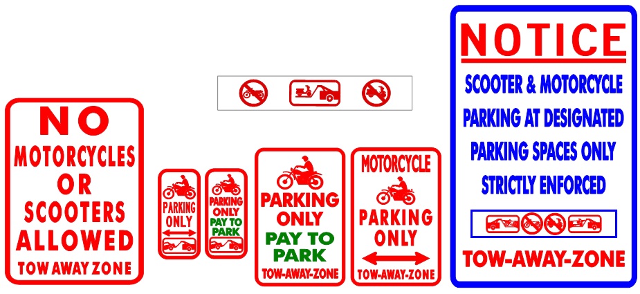 Parking signage showing where motorcycles and scooters can and cannot park in the City of Miami Beach.