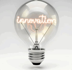 A light bulb with the word “innovation” glowing inside the filament, symbolizing creativity, ideas, and forward thinking.