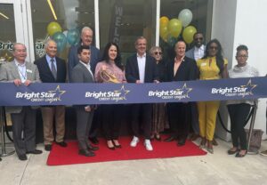 Brightstar Credit Union Team, Mayor Steven Meiner, Robin Jacobs, Michael Goldberg, Steven Anthony, Brittnie Bassant, Amy Mehu cutting the ribbon.