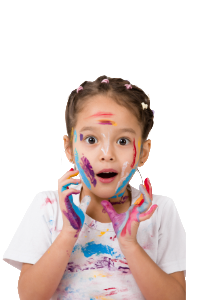 child with paint on hands and face