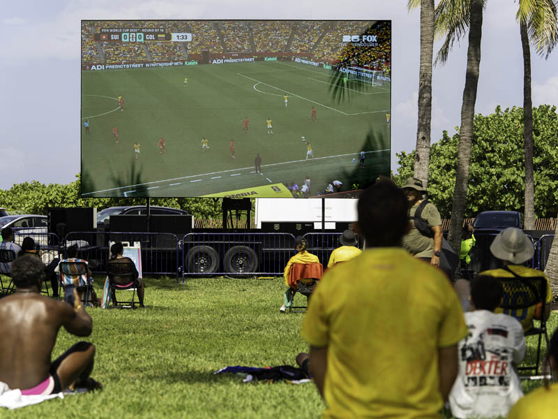 back of fan sitting in grass watching game on big screen