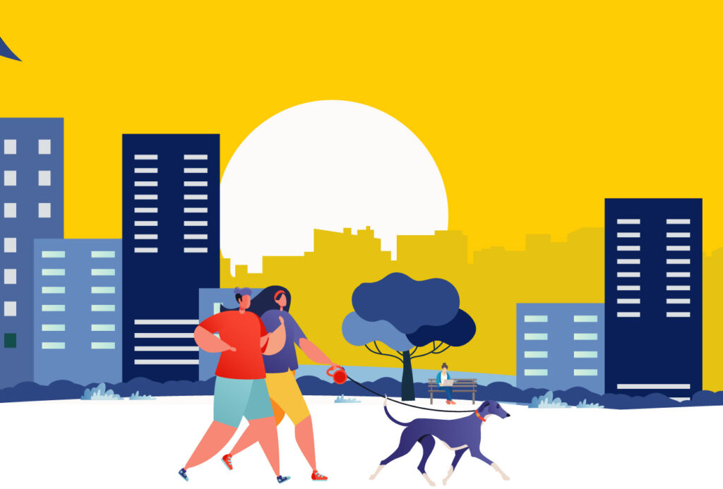 people walking their dog illustration