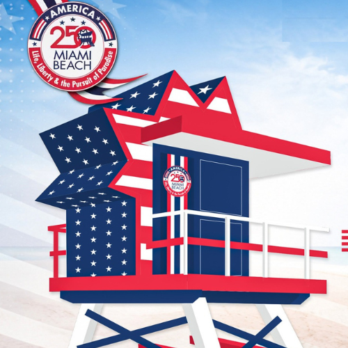 Illustration of a red, white and blue patriotic lifeguard stand in honor of America 250. Logo reads life, liberty and the pursuit of paradise.