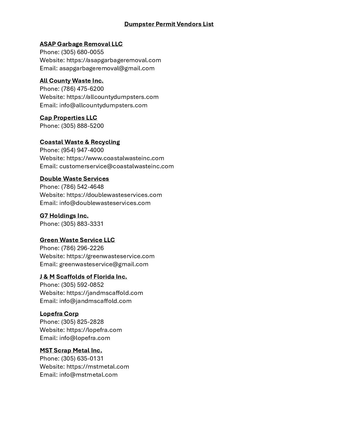 Dumpster Vendors List Dumpster Vendors List