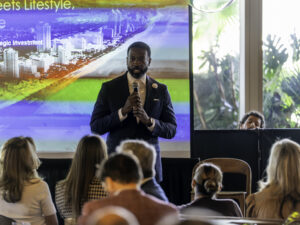 Steven Anthony, Director of Economic Development for the City of Miami Beach, delivers remarks to industry professionals during a gathering at MILA held in conjunction with the 2026 ULI Fall Meeting.