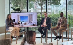 Moderator Arden Karson, developer Mendy Chudaitov of Lefferts, and Steven Anthony, Director of Economic Development for the City of Miami Beach, participate in a discussion on the evolution and future of North Beach during the 72 Park event at the 2026 ULI Fall Meeting