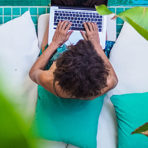 Girl by Pool with Computer