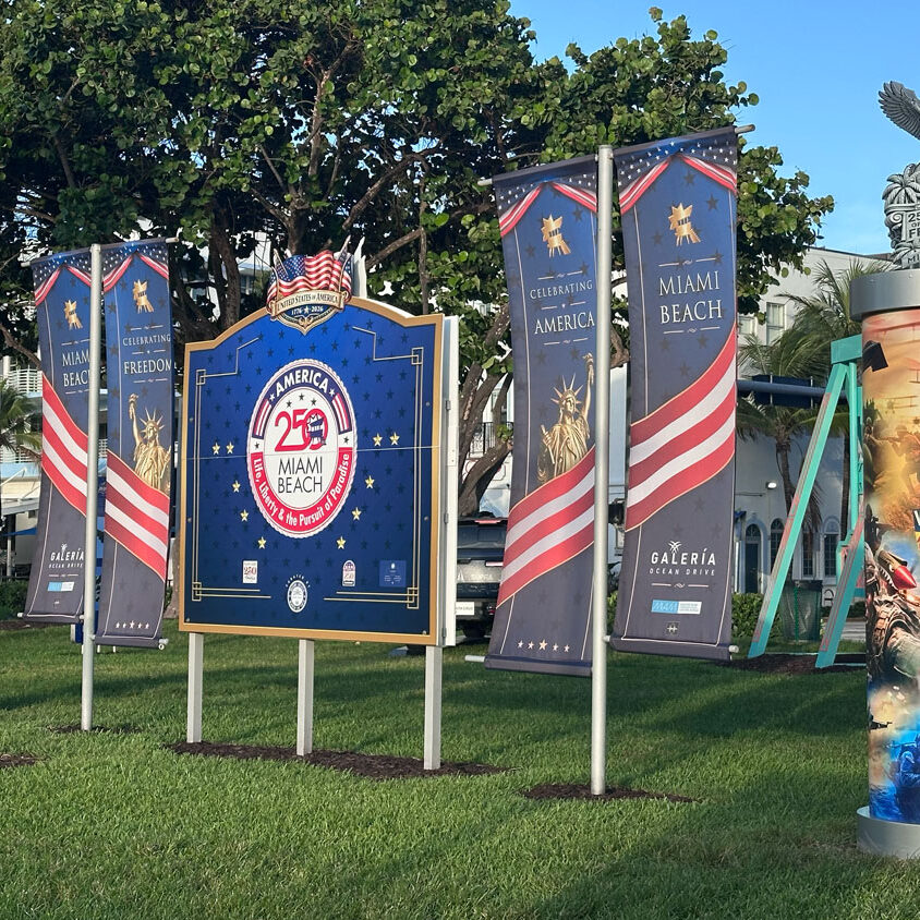 Miami Beach America 250 sign and flags