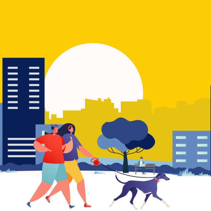 people walking their dog illustration