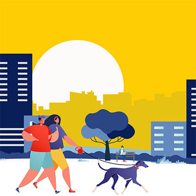 couple walking their dog